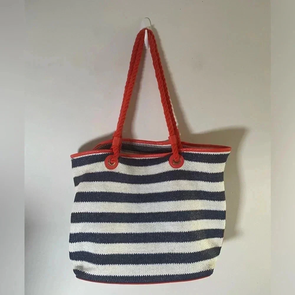 Vera Bradley Navy‎ and White Striped Beach Tote with Tassels GUC